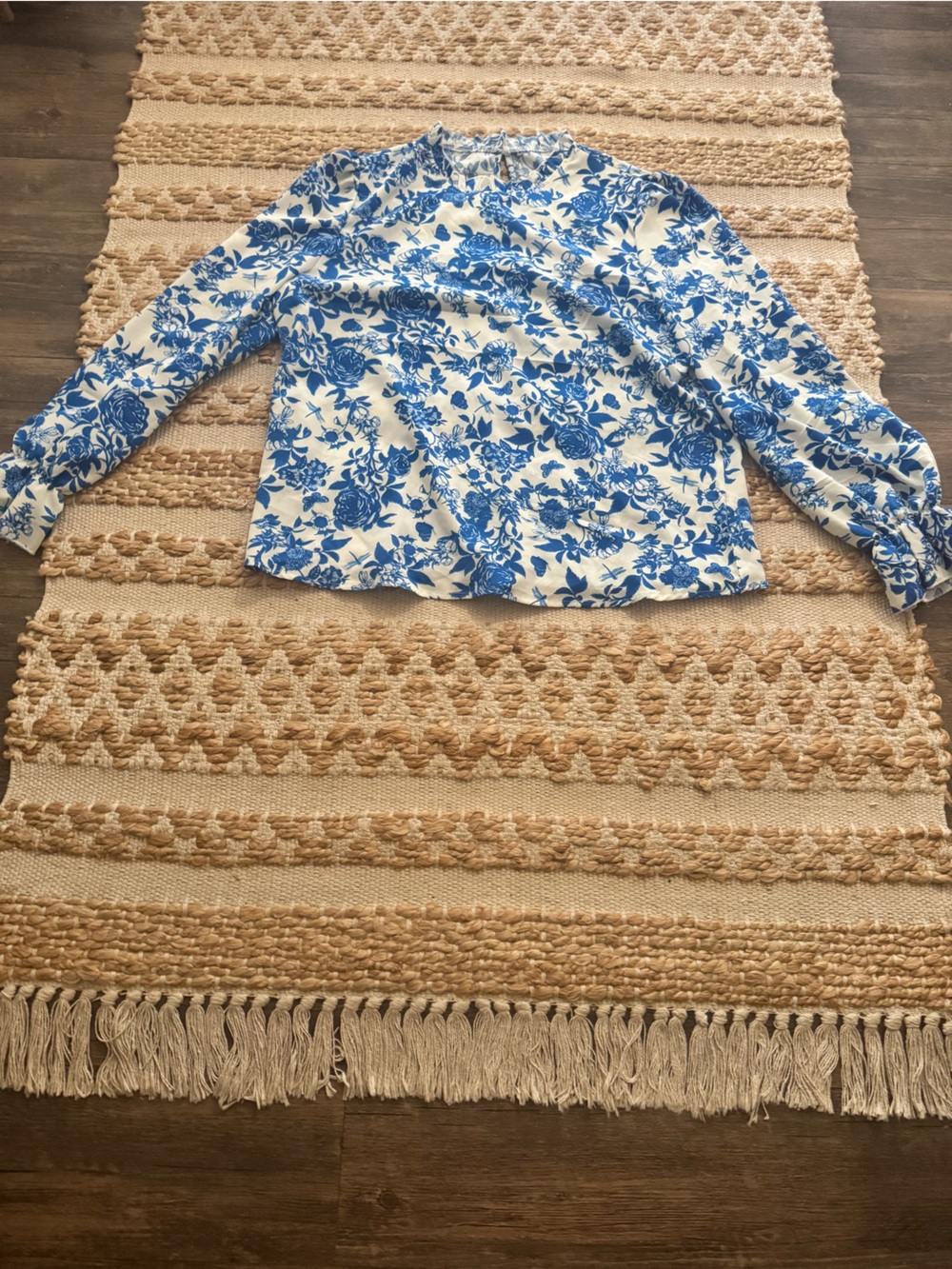 SHEIN Blue and White Floral Long Sleeve Blouse